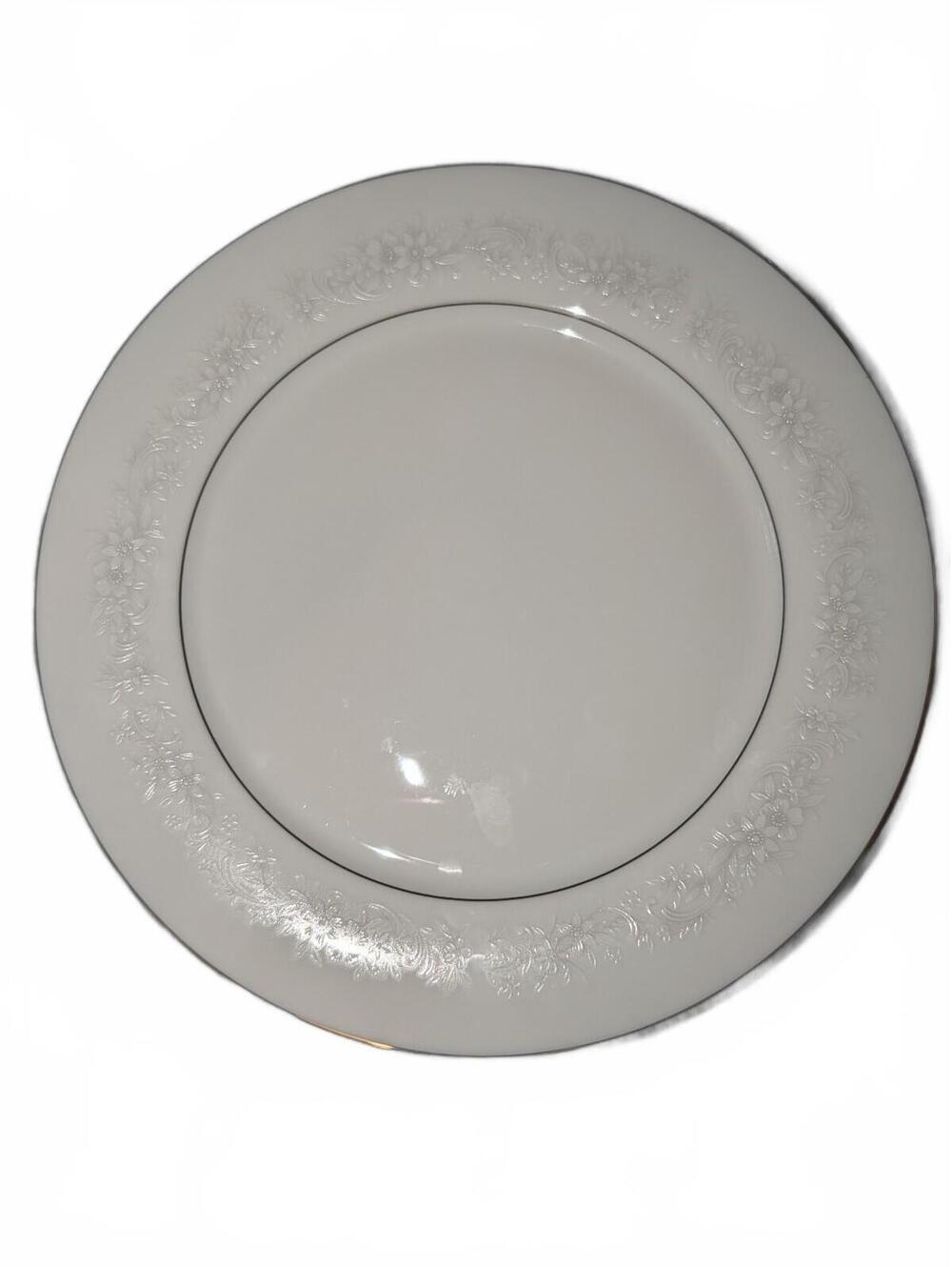 Noritake Cumberland 2225 10.5" White Floral Embossed Dinner Plate with Silver